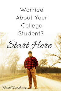 picture of a dirt road with a young man in a red and black plaid shirt and camel-colored pants. Above him, written in black, are the words, "Worried About Your College Student? Start Here"