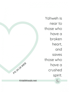 Psalm 34:18 Yahweh is near. Light green heart, black lettering on white background