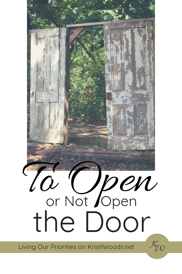 White background with picture of weathered, green doors opening and the words, To Open of Not Open the Door written below it in black. 