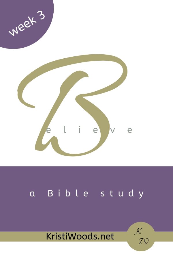 Believe with a giant, gold B, and "a Bible study" written in white on a purple rectangle