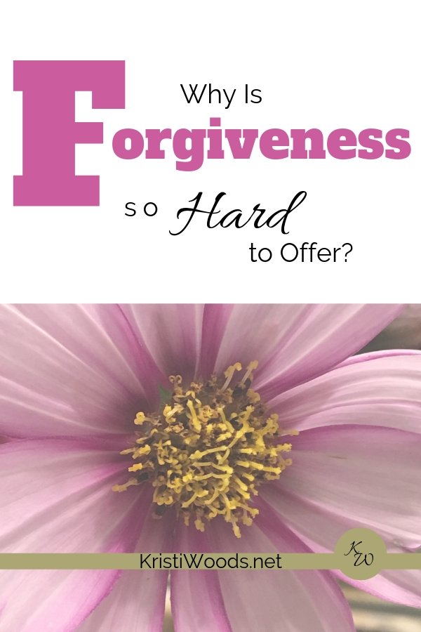 Why Is Forgiveness So Hard to Offer? Pink flower behind the words.