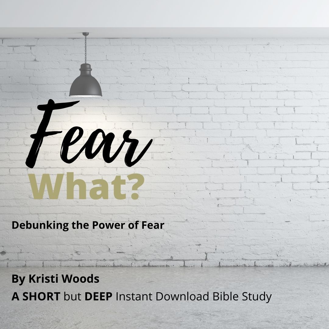 Christian Bible study title, Fear What? Debunking the Power of Fear, listed under a light and against a white brick wall.