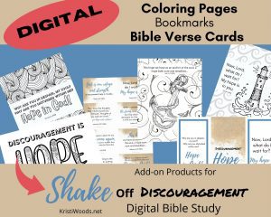Graphic showing what Christian printables are available in this download of Adult Bible coloring pages, bookmarks, and Bible verse printables