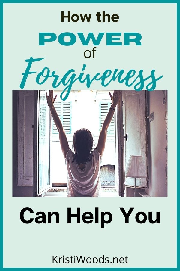 Christian blog post title on forgiveness - woman holding arms up in the air in freedeom