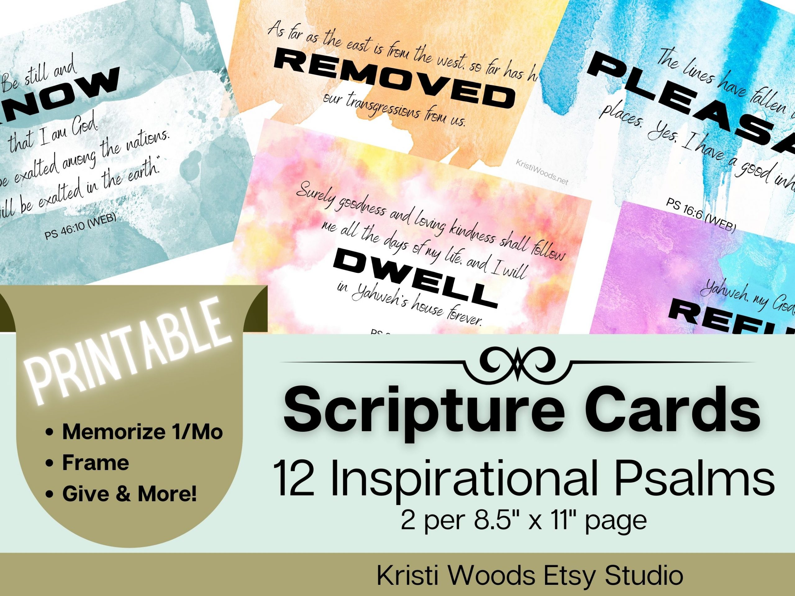 Thumbnail of 12 Scripture Cards, verses from Psalms, printable and available in the Kristi Woods Etsy Studio