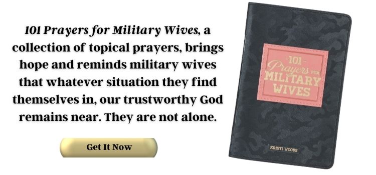 Book cover and description of 101 Prayers for Military Wives by author Kristi Woods
