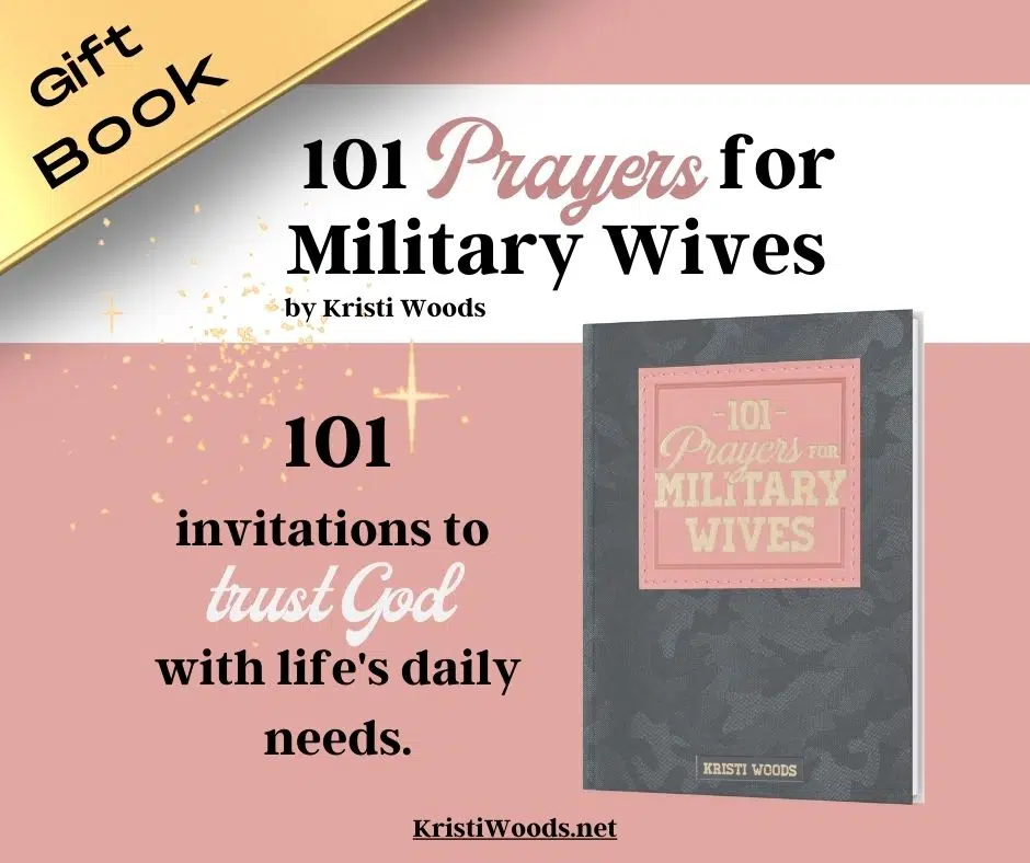 gift book cover and now available announcement for 101 Prayers for Military Wives by Kristi Woods