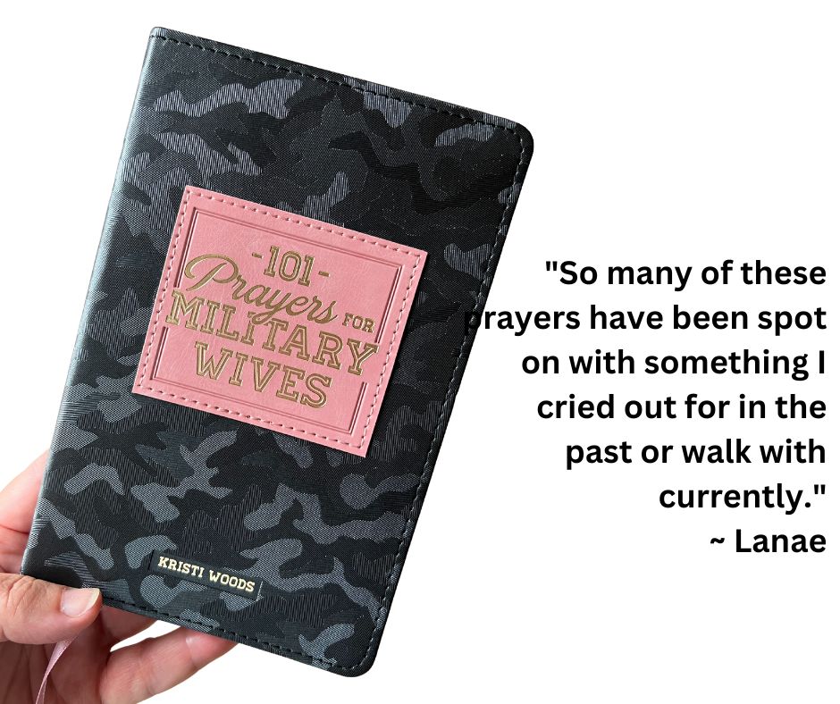 Hand holding book, 101 Prayers for Military Wives, with quote from a purchaser.