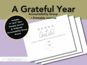 A Grateful Year Gratitude Accountability Group journal cover and product info