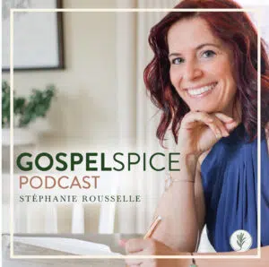 woman with shoulder-length hair smiling, sitting at a desk writing with an overlay of podcast name: Gospel Spice Podcast
