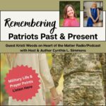 Headshots of two women with podcast title: Remembering Patriots Past & Present 
A military couple holding hands as they walk away.