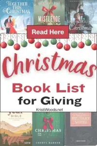 Christ book list for giving with ball ornaments above in a white square, Christian book covers in the background