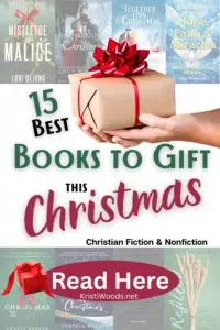 Woman's hands holding a present, book covers in the background, and Christian blog post title overlayed: 15 Best Books to Gift this Christmas