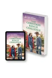 Cowboy and Cowgirl in front of a fence and barn looking at one another for this Love Inspired romance book cover