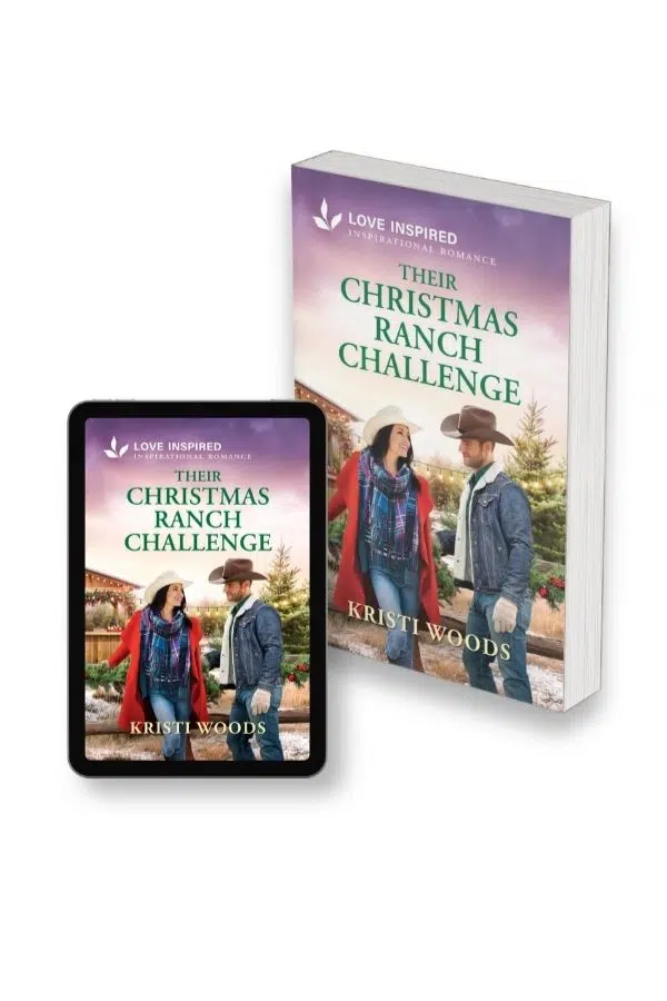 Cowboy and Cowgirl in front of a fence and barn looking at one another for this Love Inspired romance book cover
