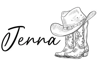 Cursive Jenna with a black outlined pair of cowgirl boots and hat