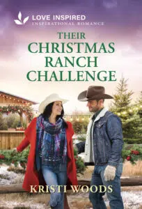 Book Cover for Their Christmas Ranch Challenge by Kristi Woods - has a cowboy and cowgirl on the cover with a barn and Christmas tree in the background